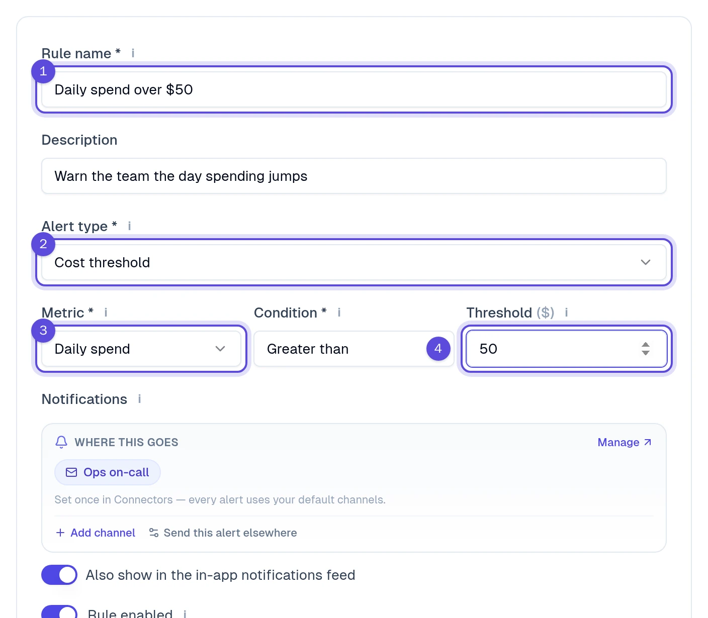 New alert rule form with name, type, metric, threshold and create button marked 1 through 5