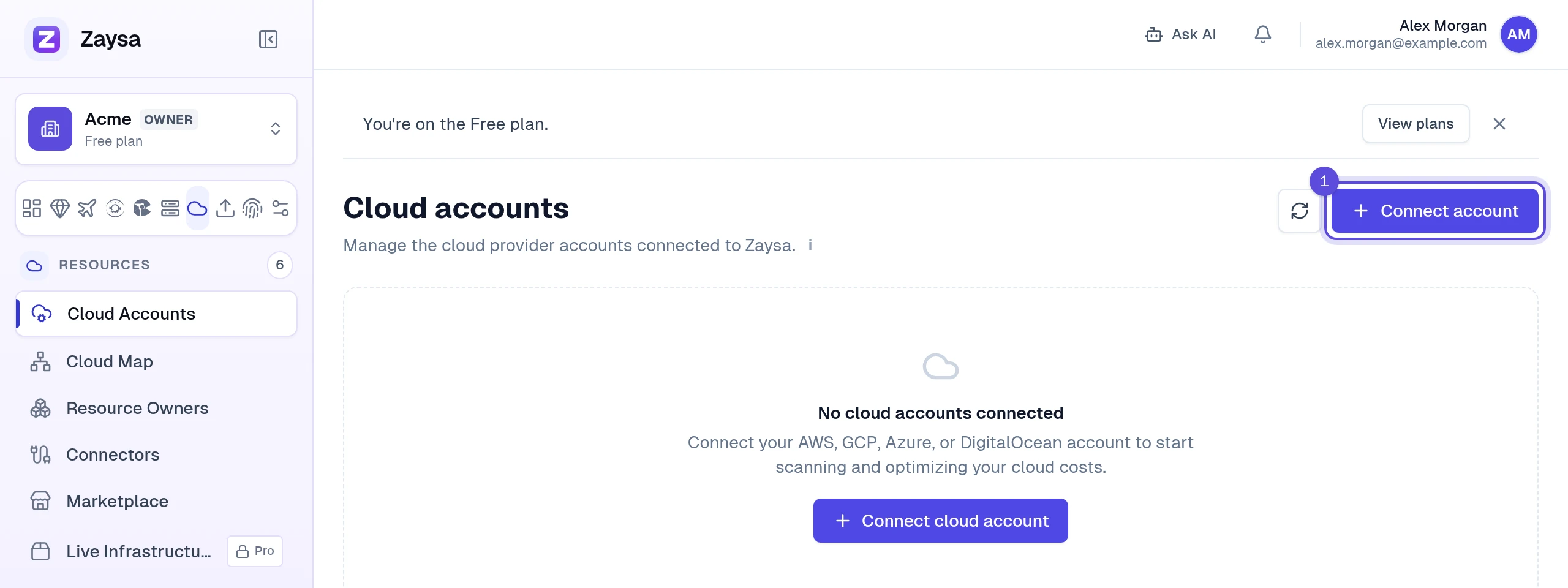 The Cloud accounts page with the Connect account button
