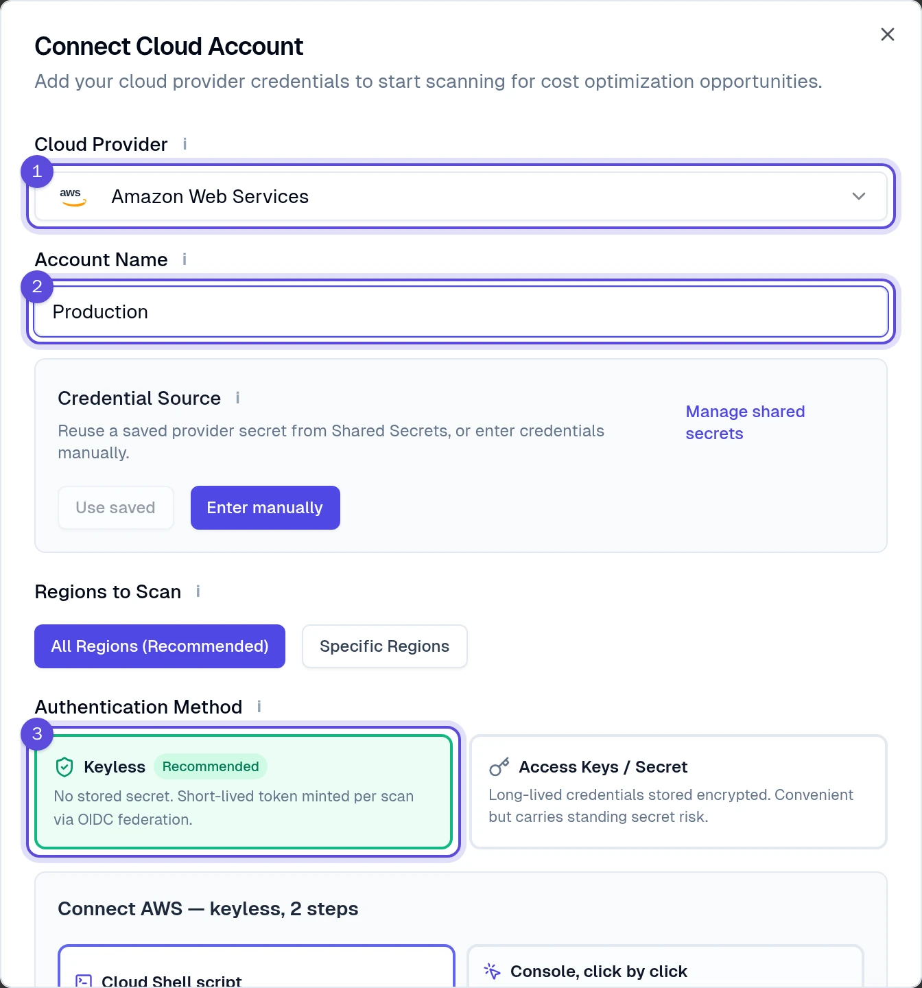 The Connect Cloud Account window with Amazon Web Services, the name Production and Keyless selected