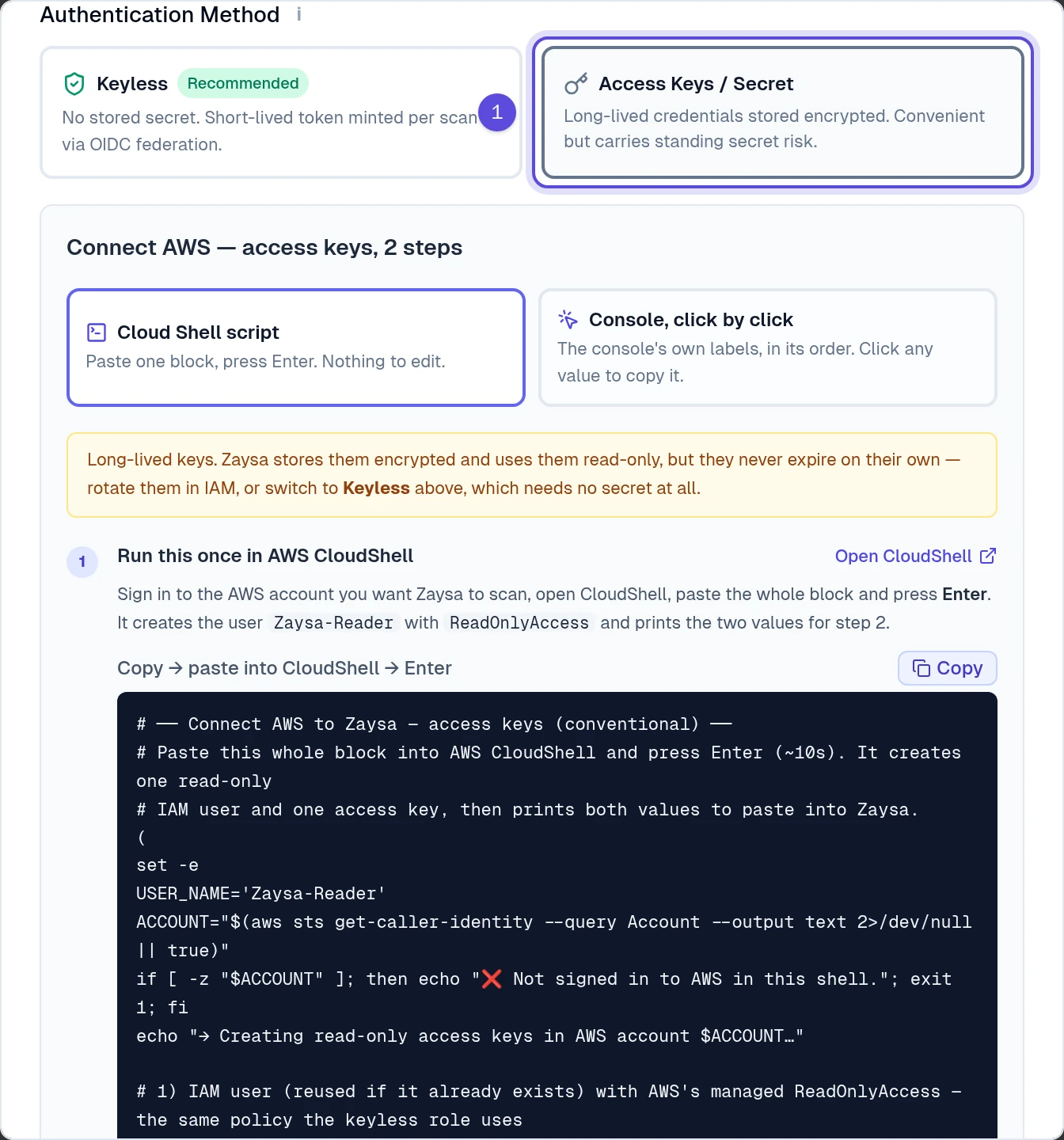 AWS Access Keys or Secret choice marked 1