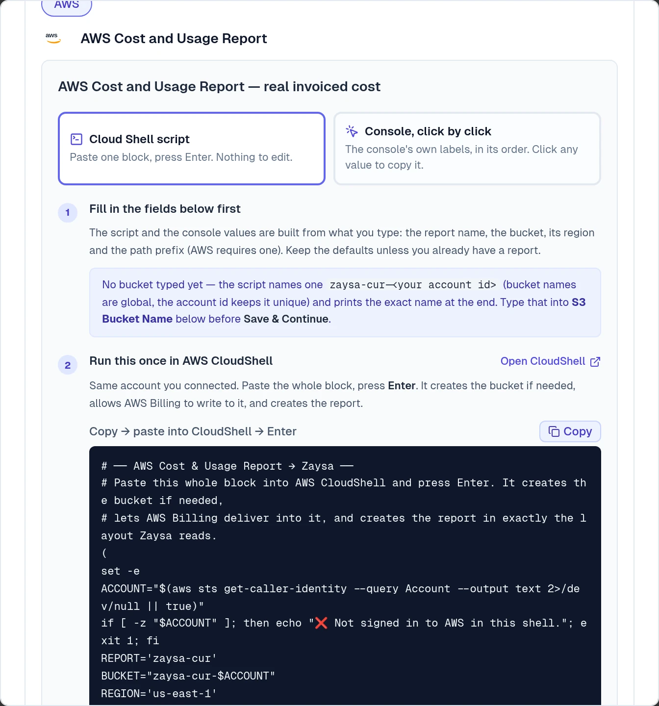 AWS billing export setup