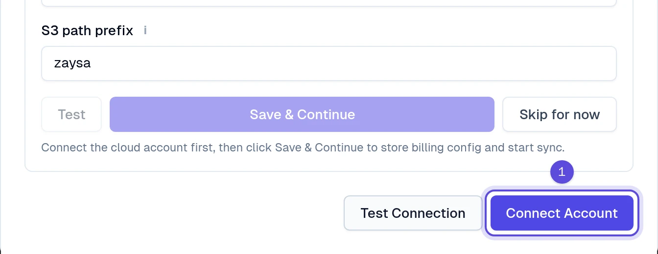 AWS successful test and Connect Account marked 1