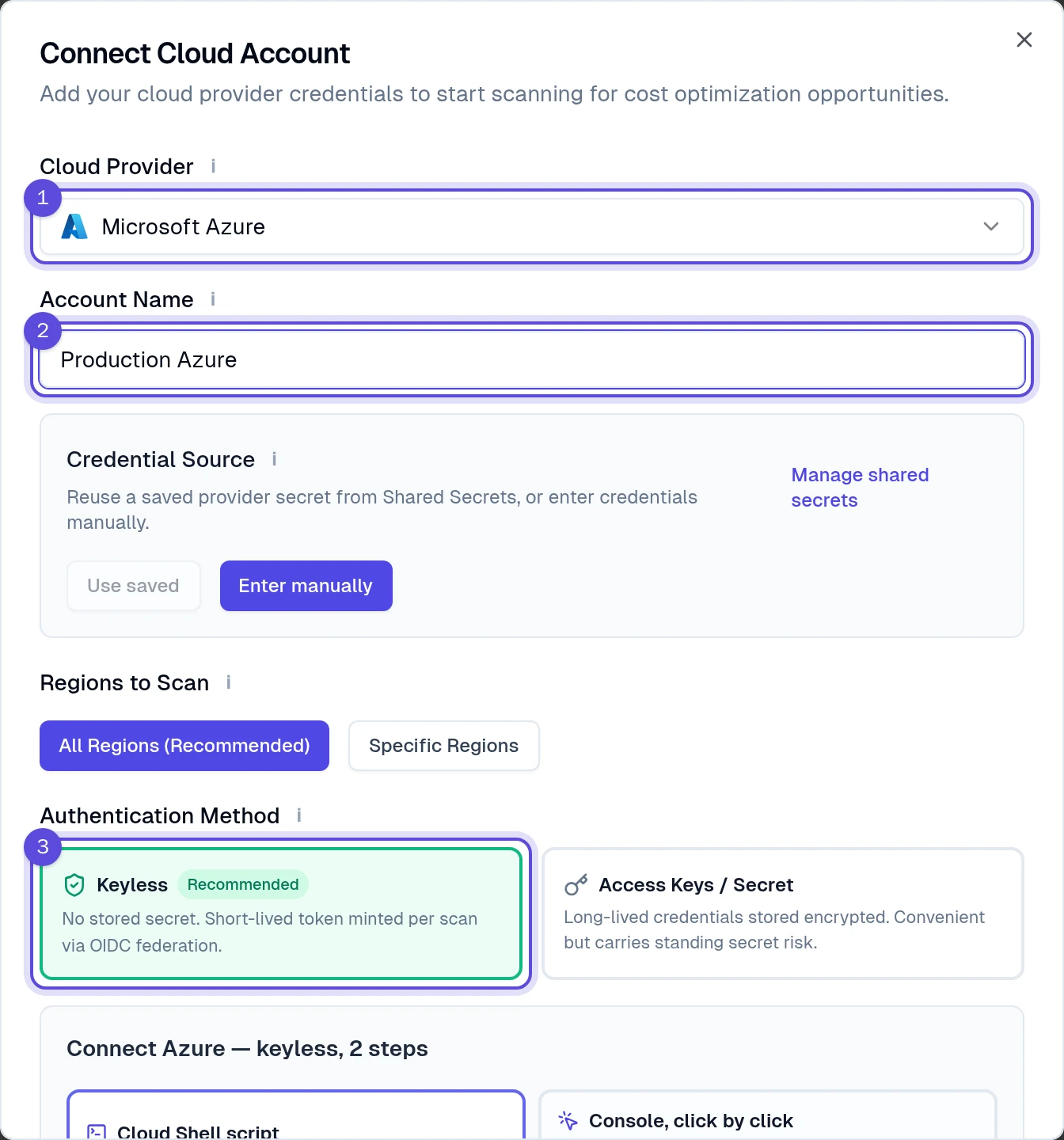 The Azure connection window showing Microsoft Azure, Account Name and Keyless