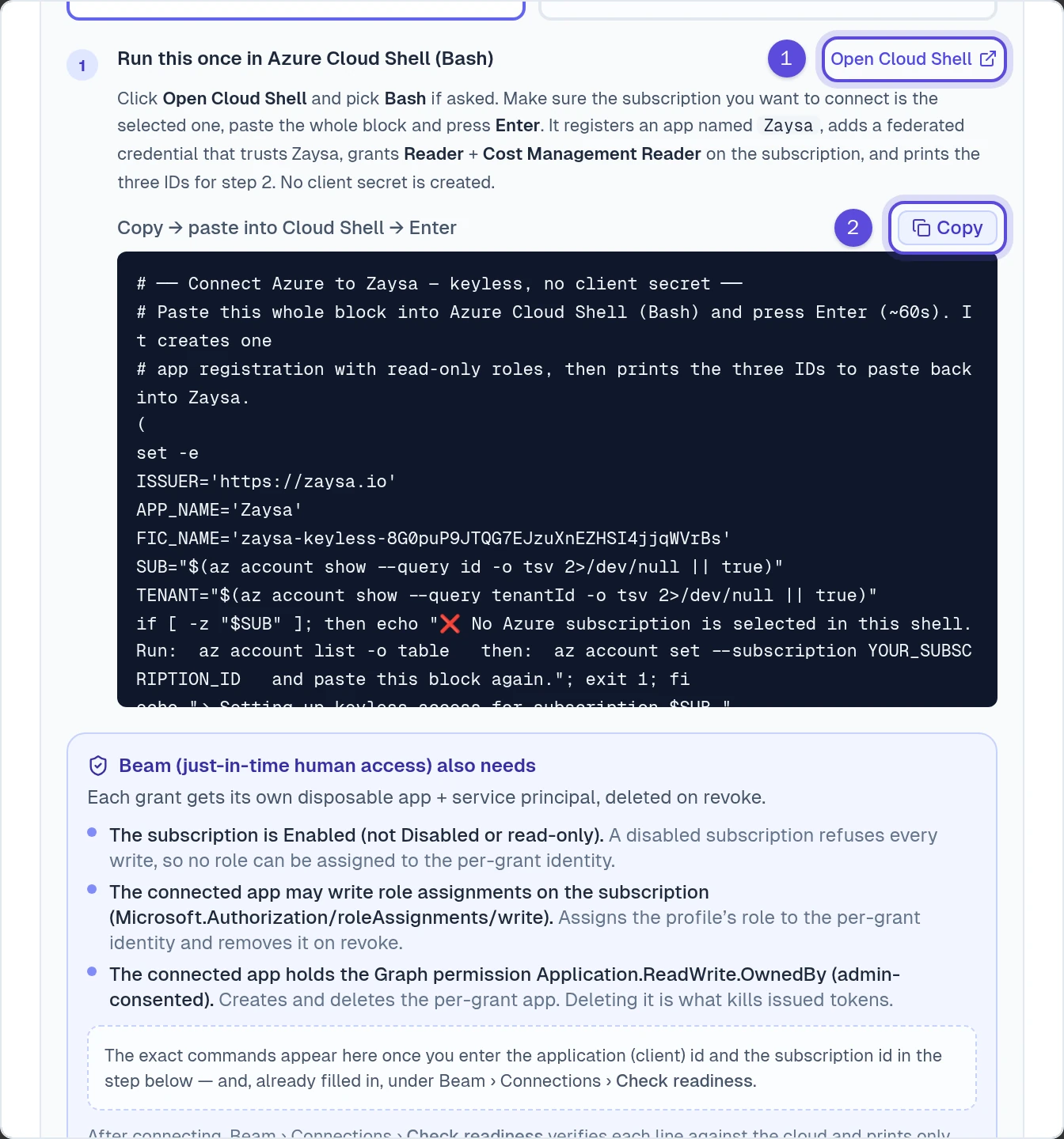 The Azure Cloud Shell step with Open Cloud Shell marked 1 and Copy marked 2