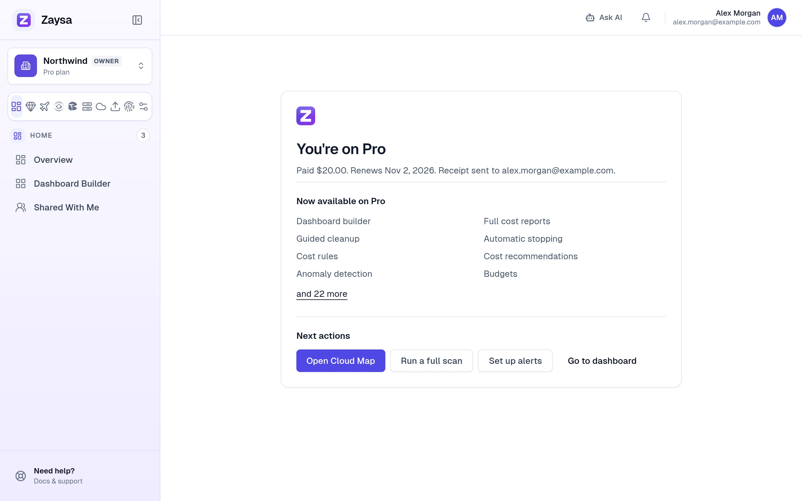 You're on Pro: paid, renewal date, receipt sent, and what is now available