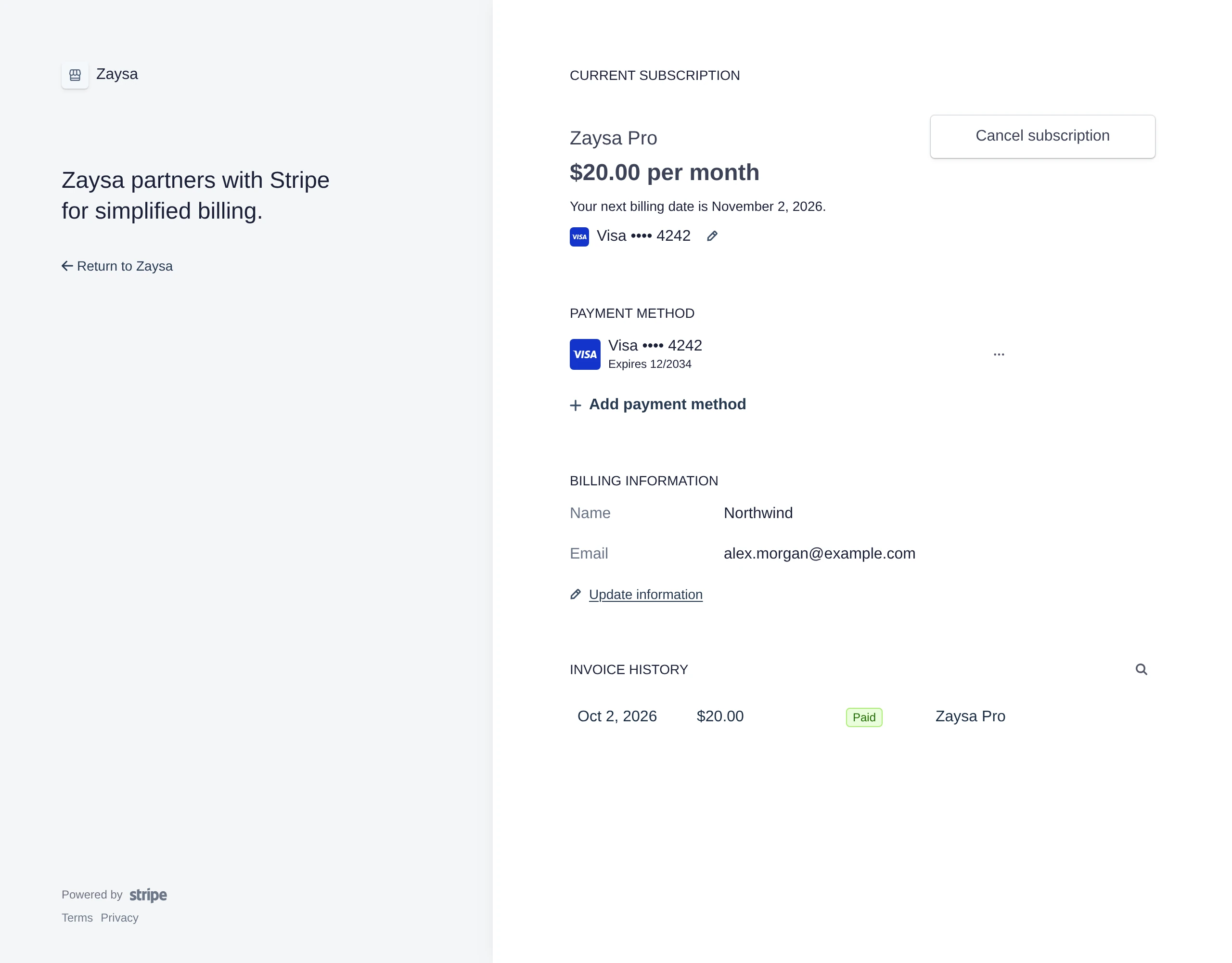 Stripe billing portal for Northwind: current subscription, payment method, billing information and invoice history