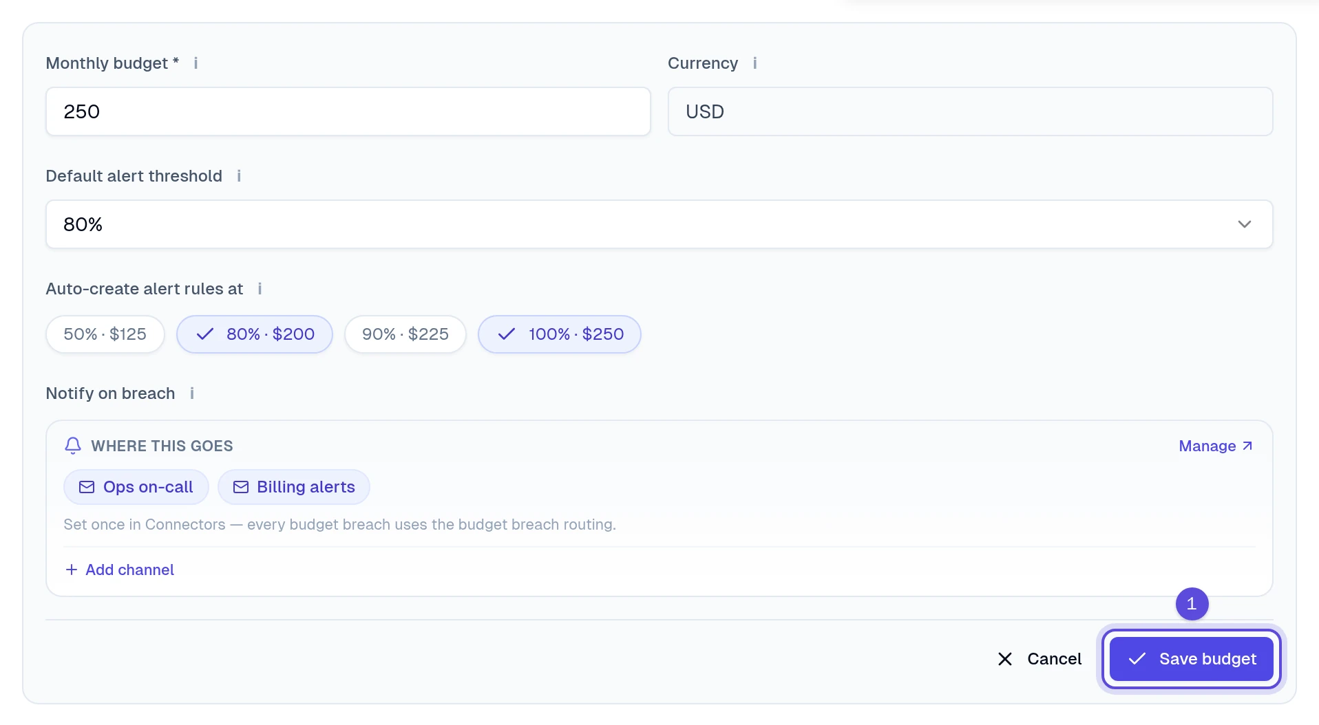 Budget ready to save with two notification channels and Save budget marked 1