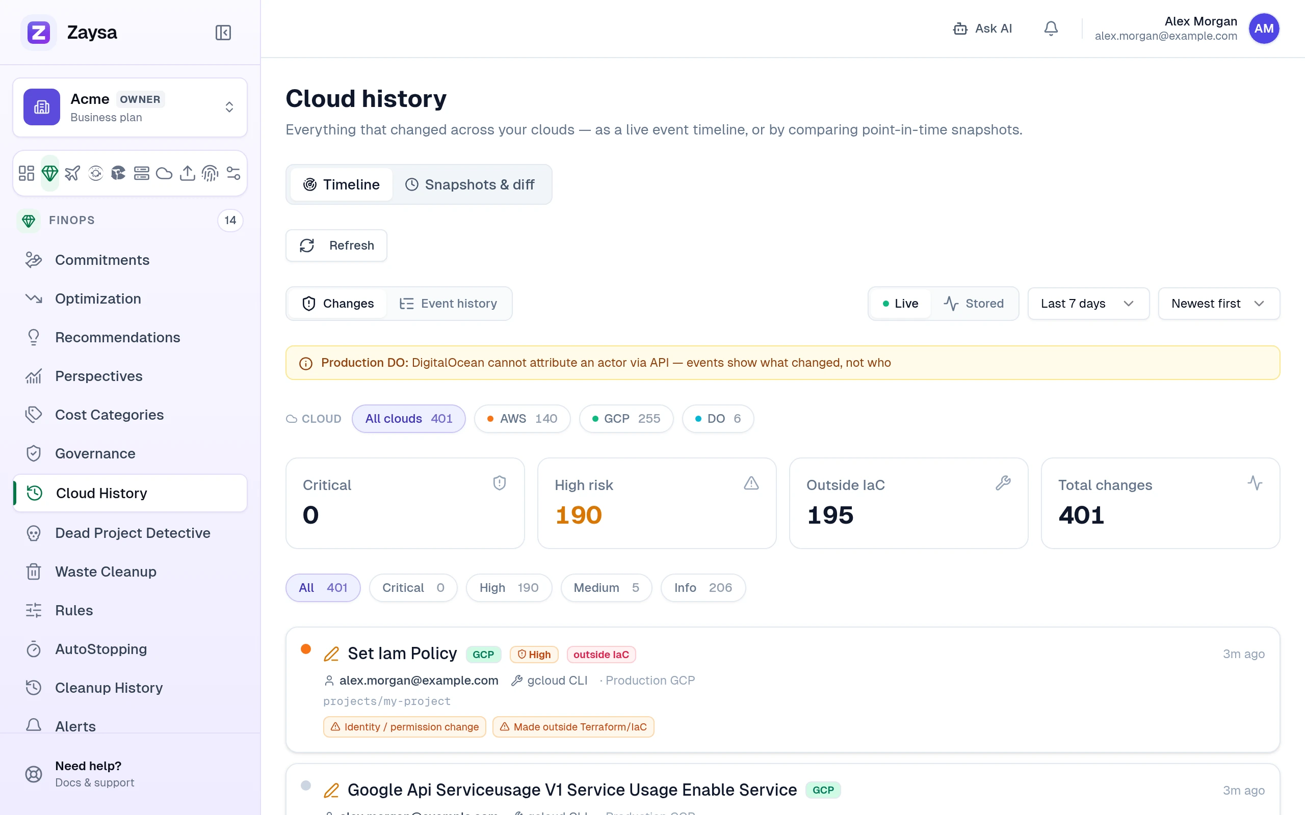 Cloud History timeline with cloud filters, risk counts and events