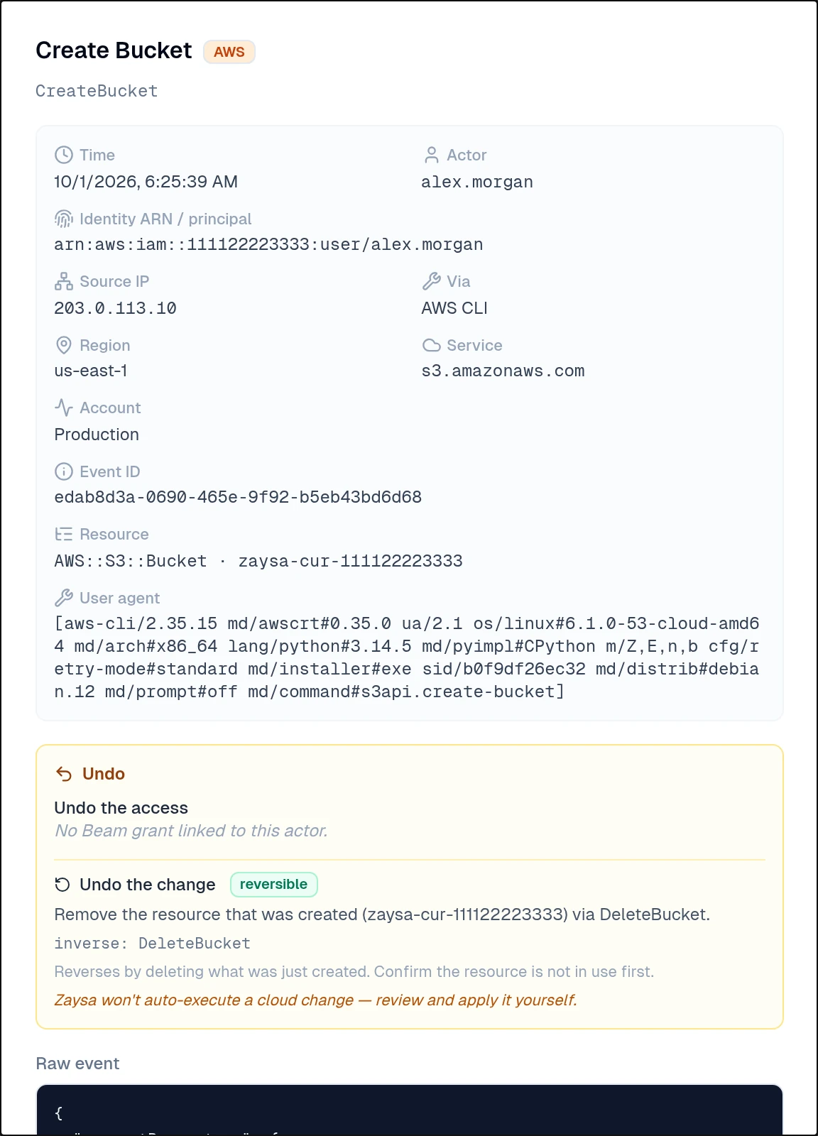 Cloud event detail with identity, resource, undo guidance and raw event