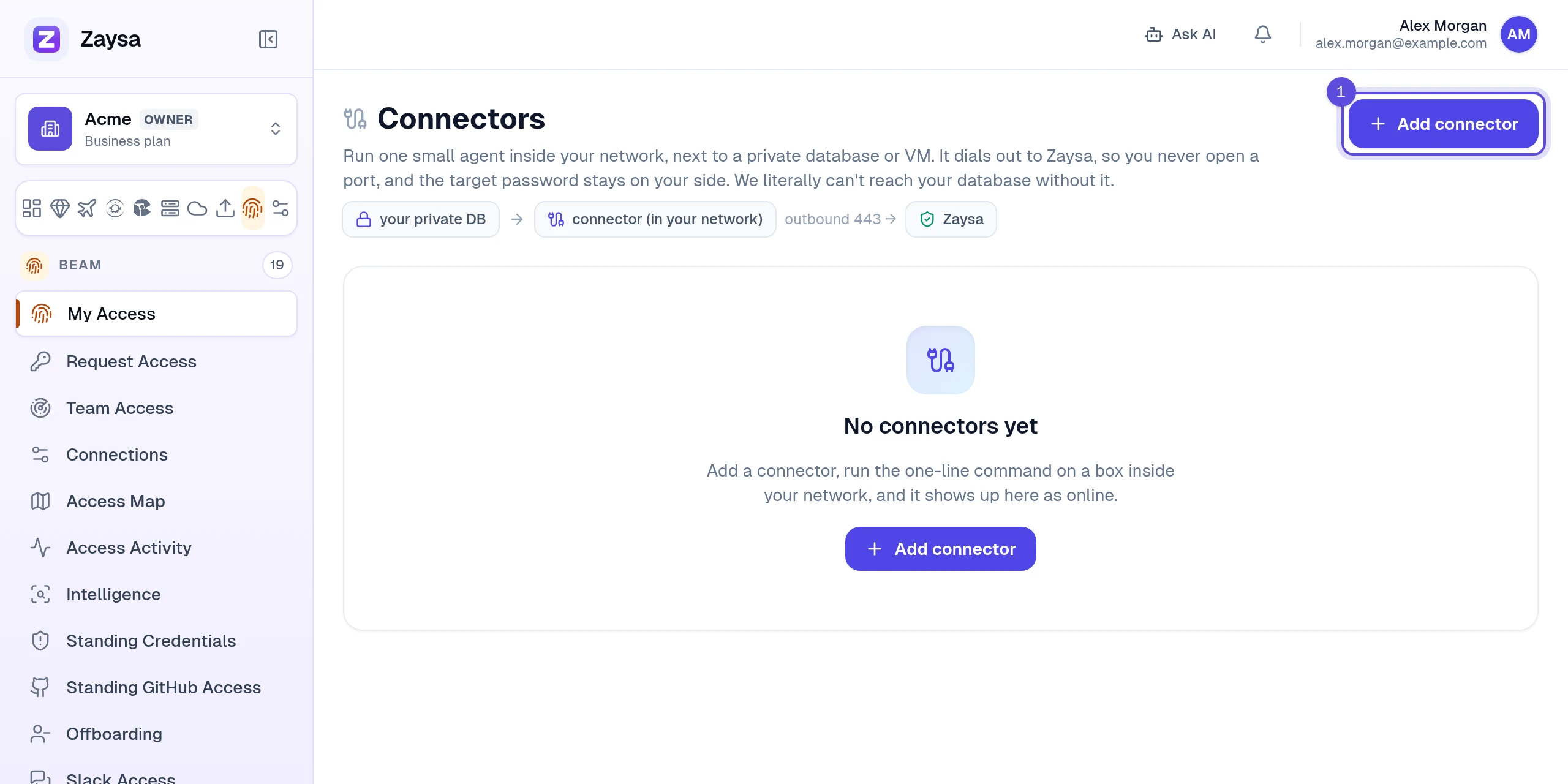 The Connectors page with no connectors yet and the Add connector button