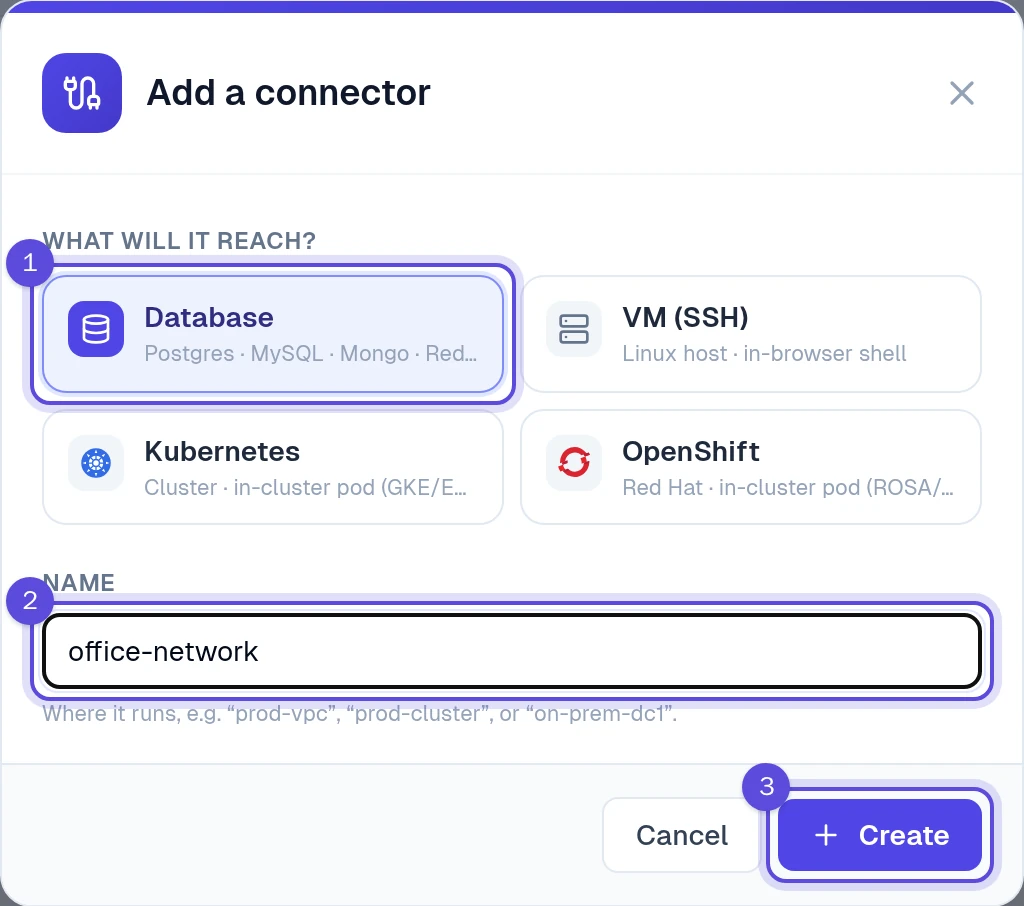 The Add a connector window with Database selected, the name office-network and the Create button