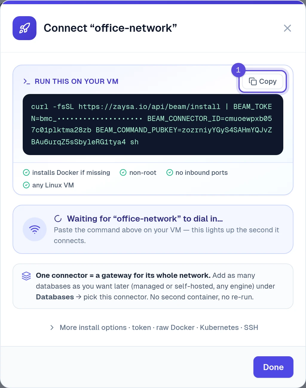 The Connect office-network window with the Run this on your VM command, the Copy button and Waiting to dial in