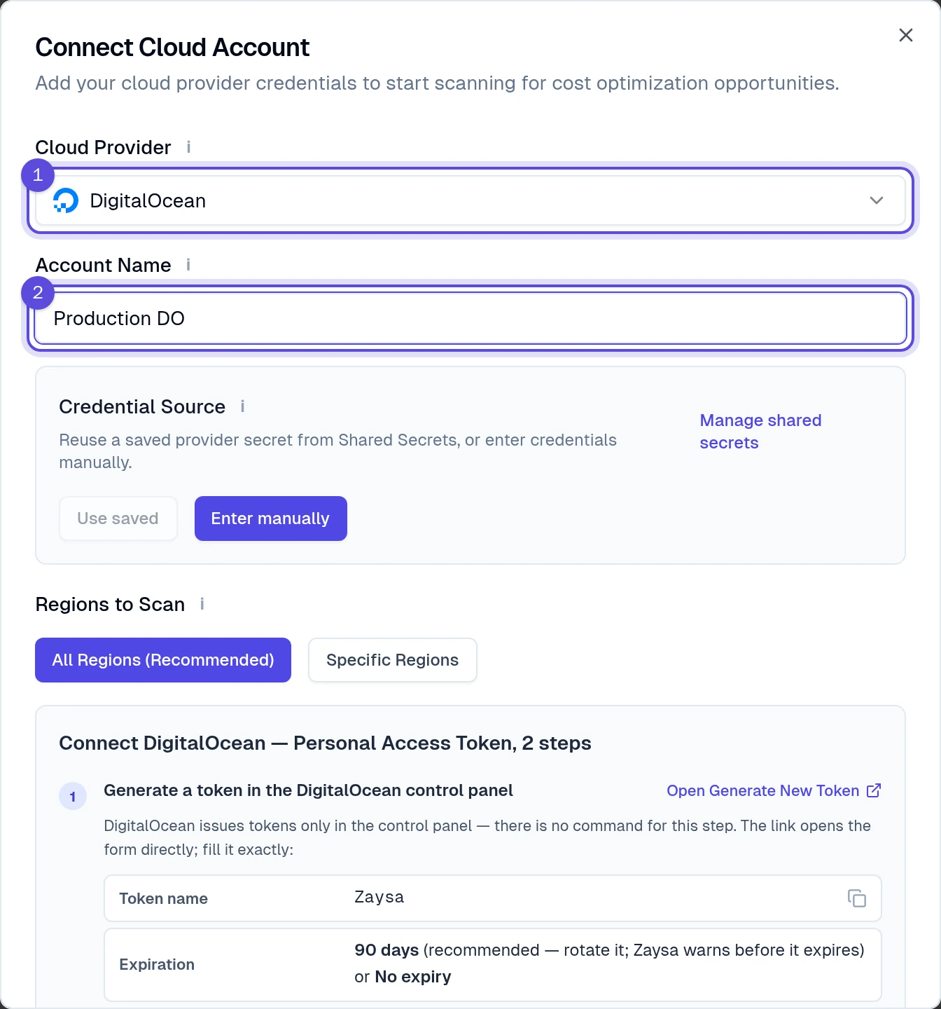 The connection window showing DigitalOcean marked 1 and the account name marked 2
