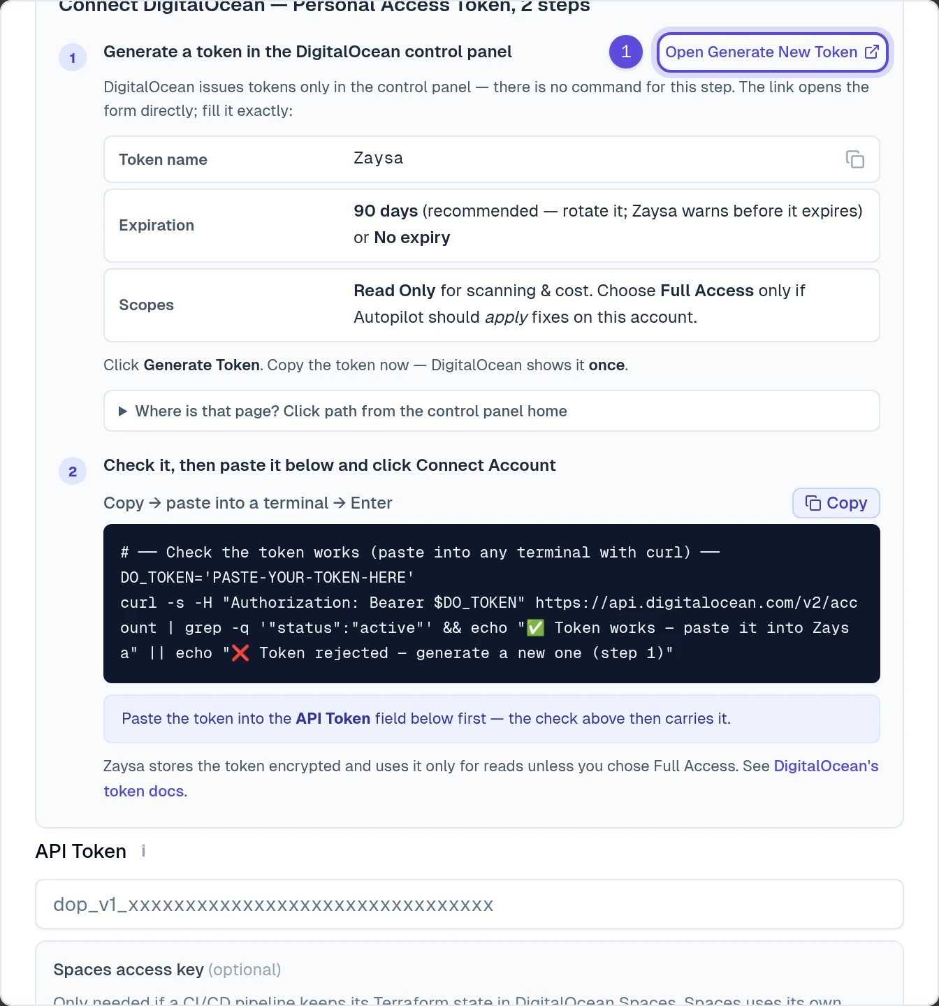 The DigitalOcean token guide with Open Generate New Token marked 1 and the recommended token fields