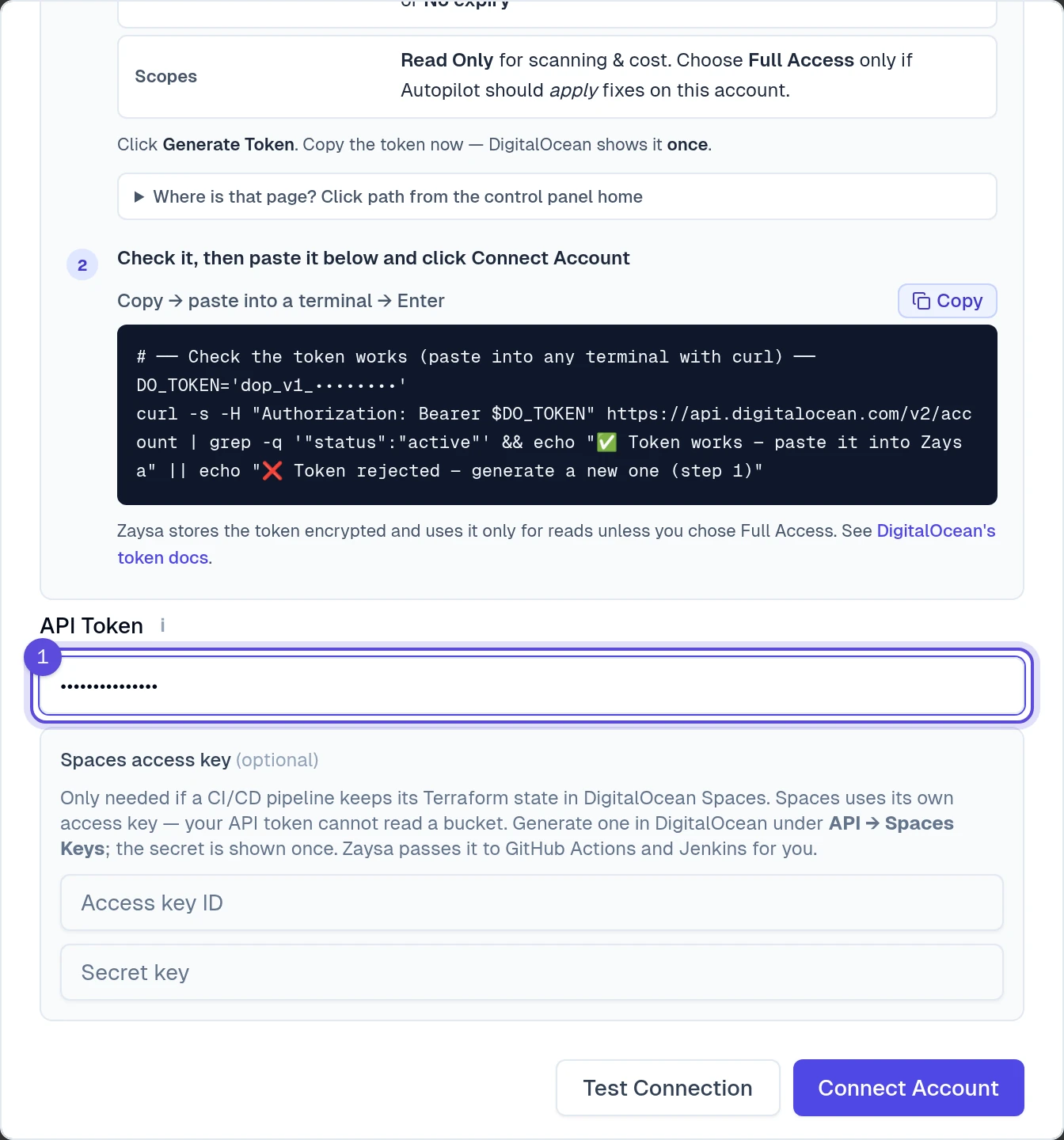 The API Token field marked 1 and the optional command for checking a DigitalOcean token