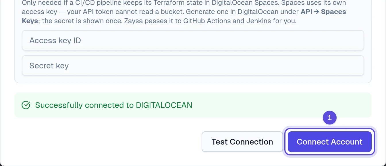 The successful DigitalOcean connection test and the Connect Account button marked 1