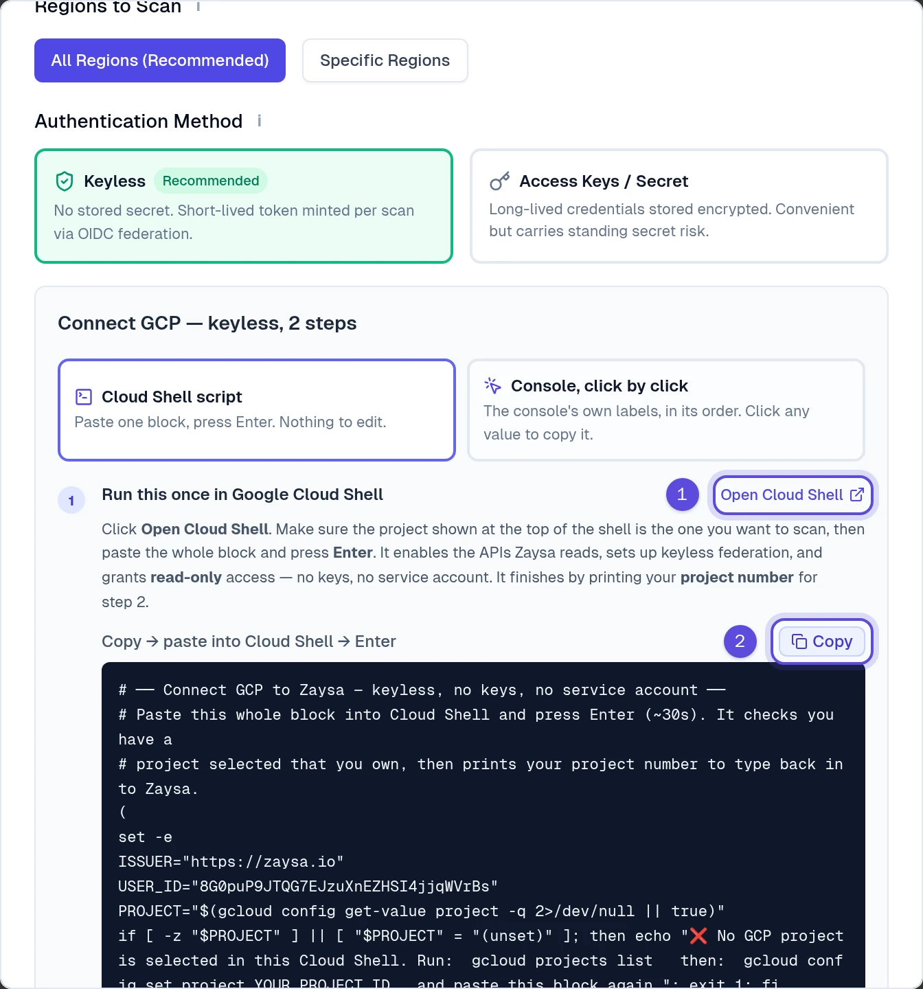 The Google Cloud Shell script step with Open Cloud Shell marked 1 and Copy marked 2