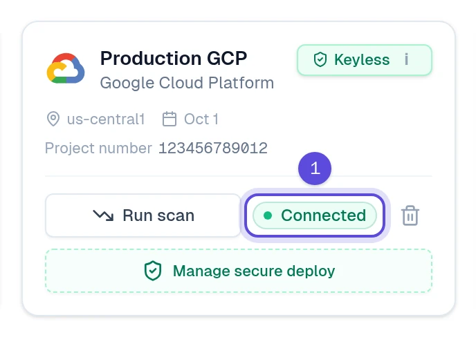The connected Google Cloud card showing Keyless, Connected and the project number