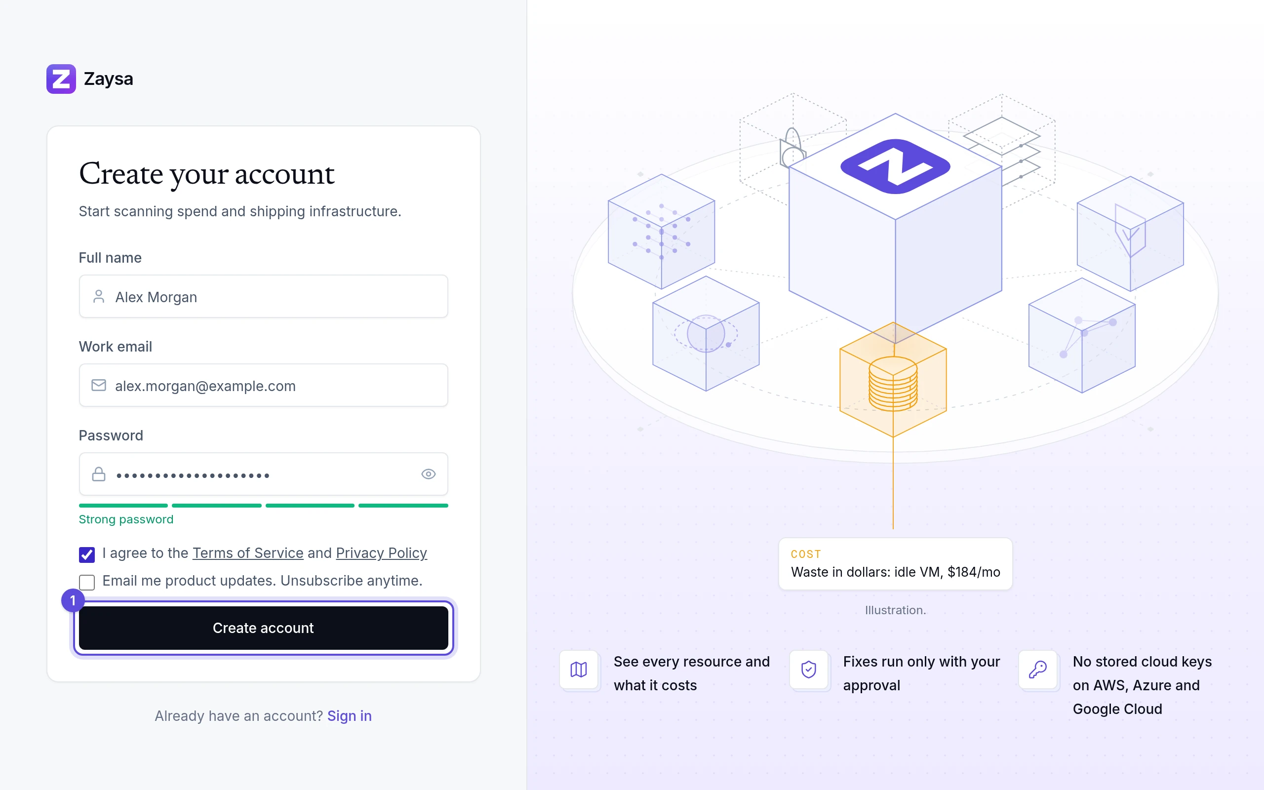 The Create your account page with name, work email and password filled in