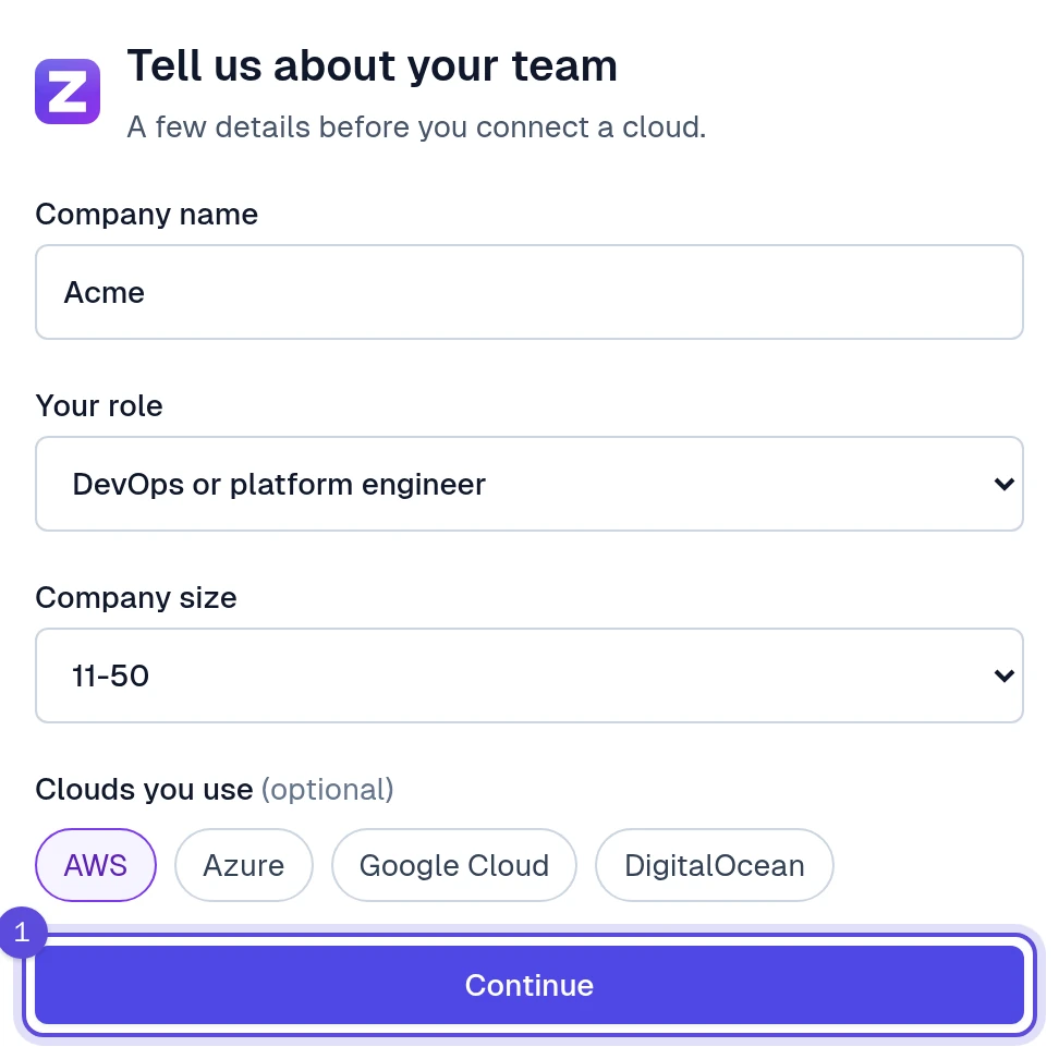 The Tell us about your team form with company name, role, company size and clouds
