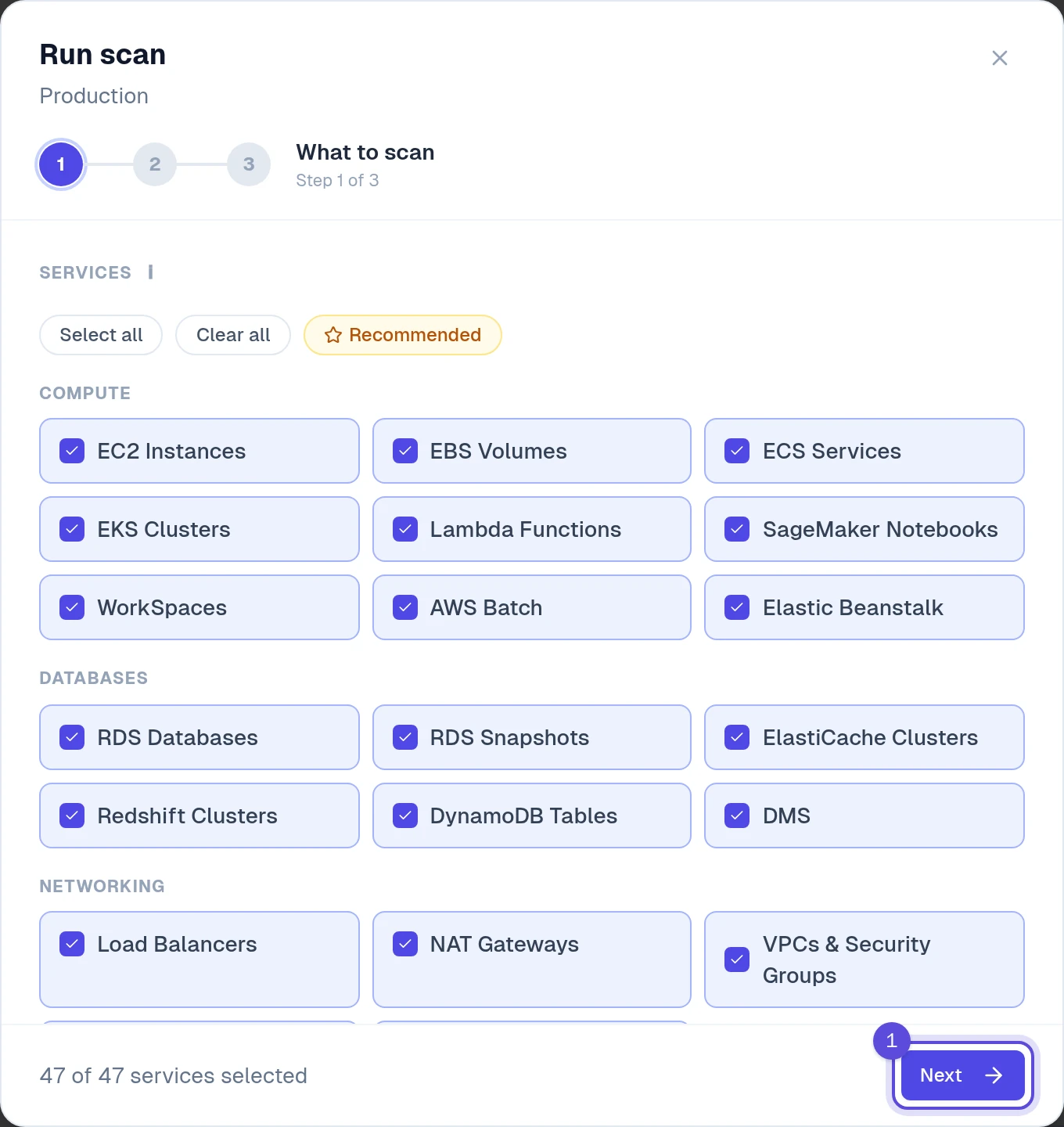 Scan settings step 1 of 3: What to scan, with every AWS service selected