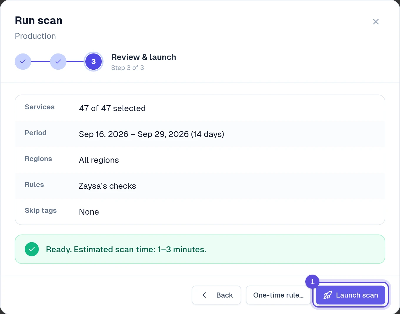 Scan settings step 3 of 3: review and launch