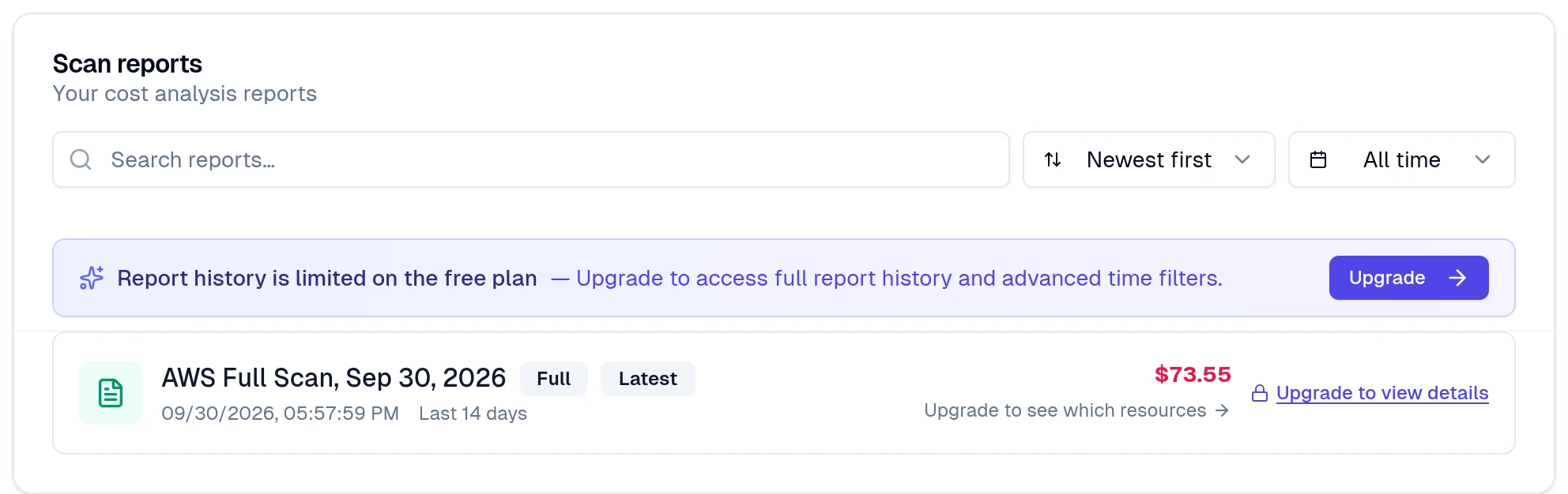 The Scan reports list with the first AWS full scan and the amount of waste found