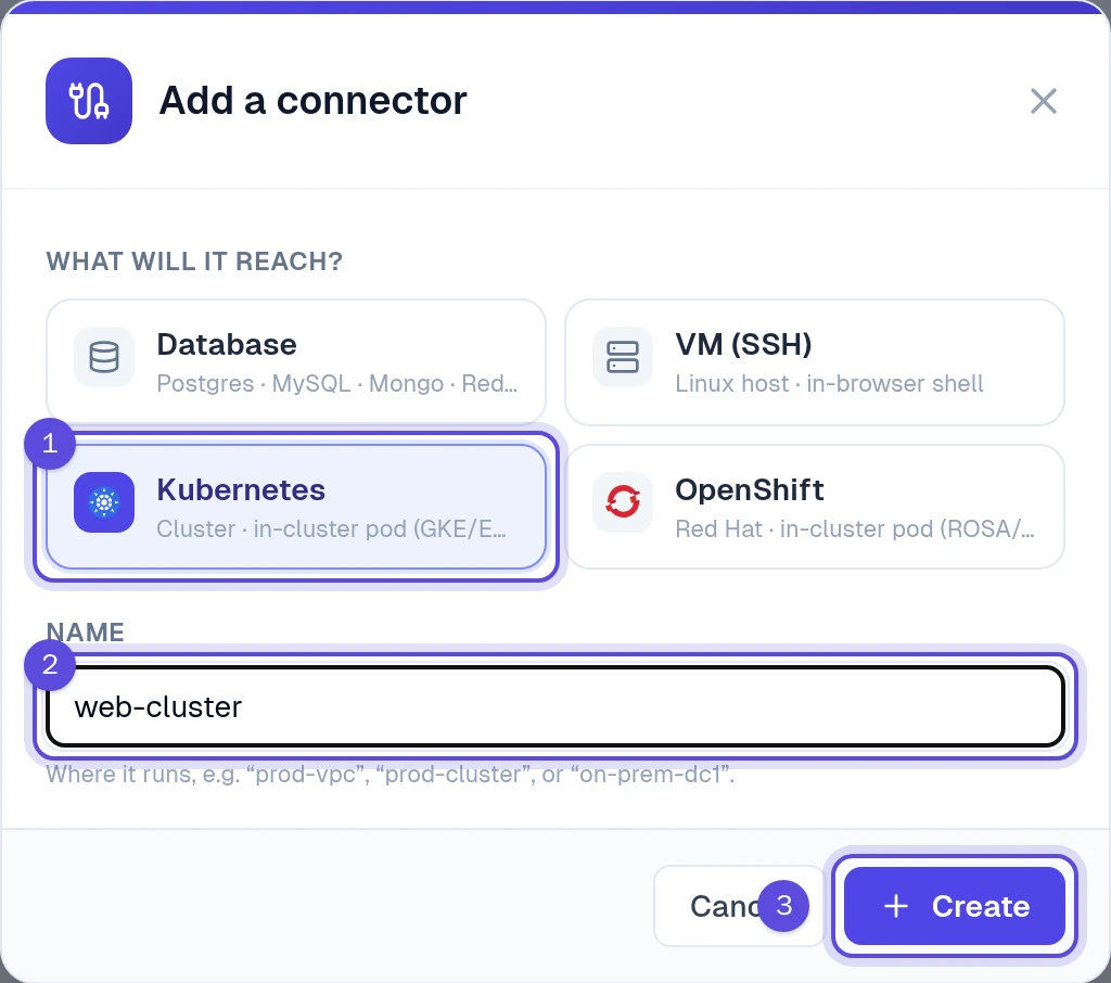Add a connector window with Kubernetes selected, the name web-cluster and the Create button