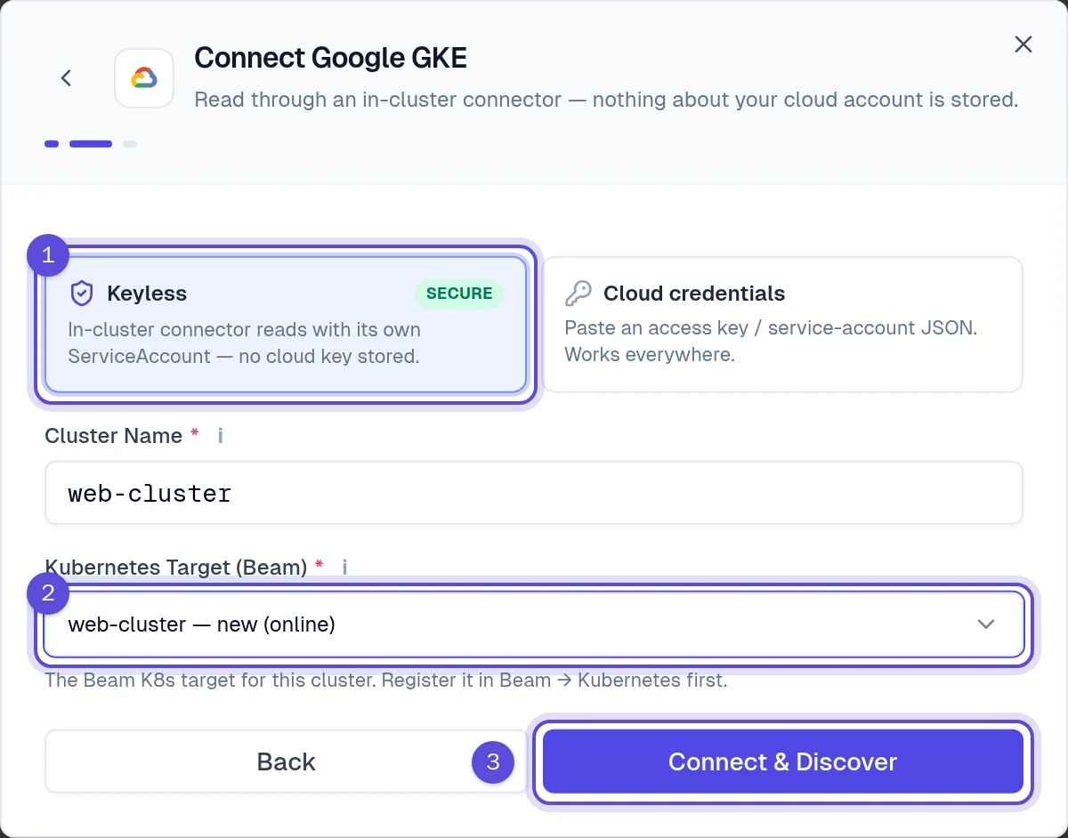 Connect Google GKE with Keyless selected, the web-cluster connector picked and the Connect and Discover button