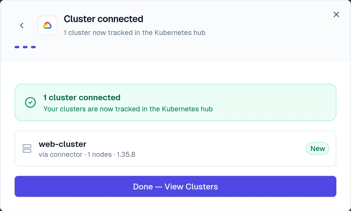 Cluster connected: web-cluster via connector, 1 node, version 1.35.8