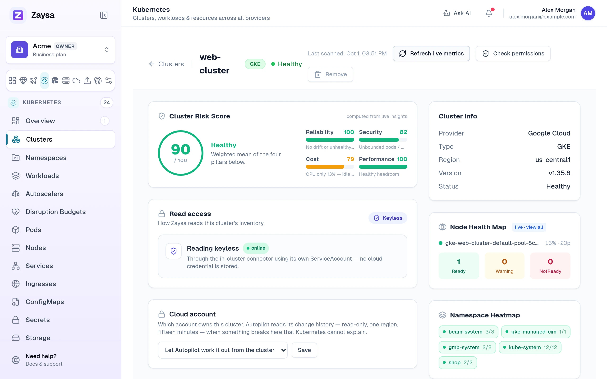 The web-cluster page: risk score, read access, cloud account, cluster info, node health and namespaces