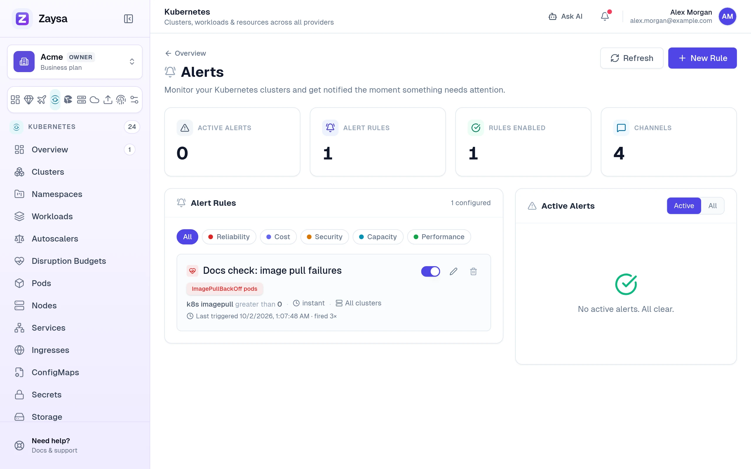 Alerts page with one rule for ImagePullBackOff pods on all clusters and no active alerts