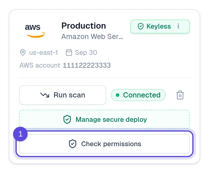 Cloud account card with Check permissions marked 1