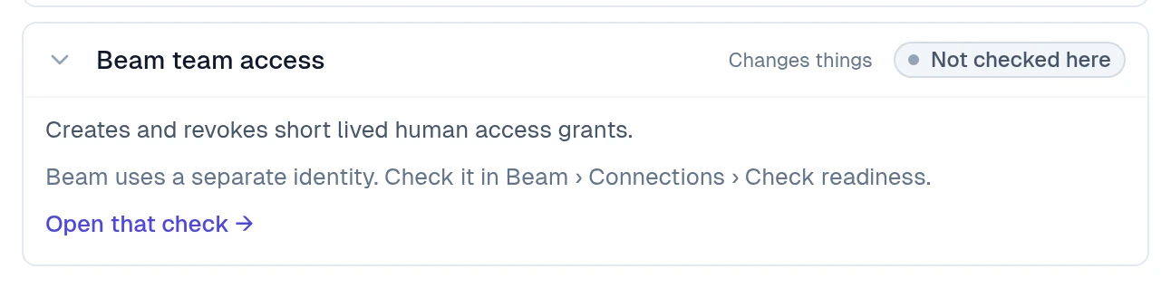 Beam team access row with a link to its separate readiness check