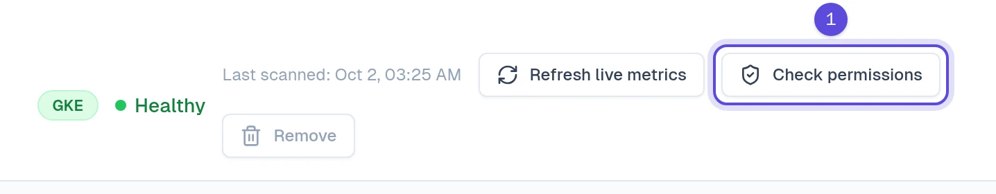 Kubernetes cluster page header with Check permissions marked 1