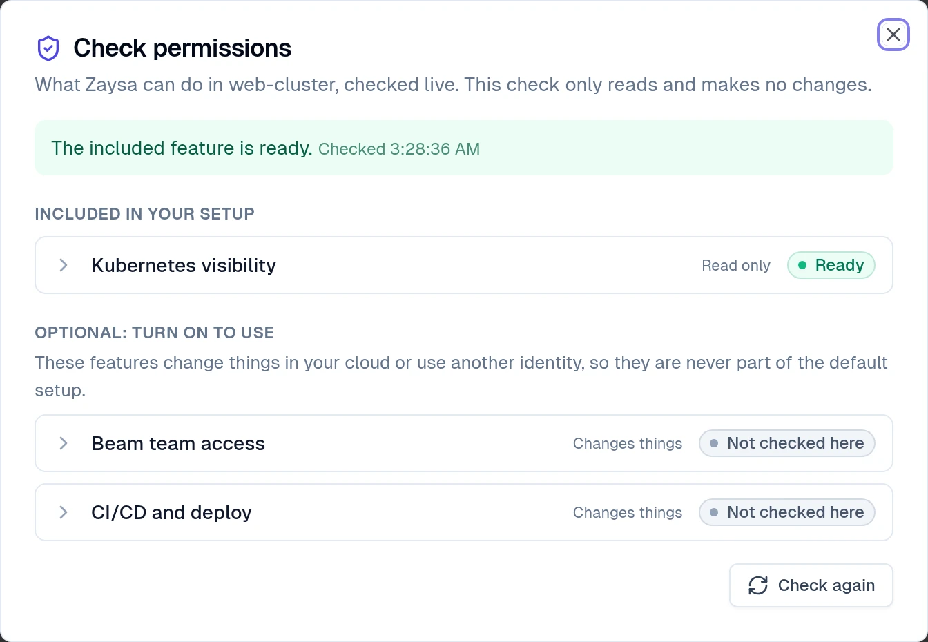 Check permissions for web-cluster: Kubernetes visibility Ready, Beam team access and CI/CD and deploy Not checked here