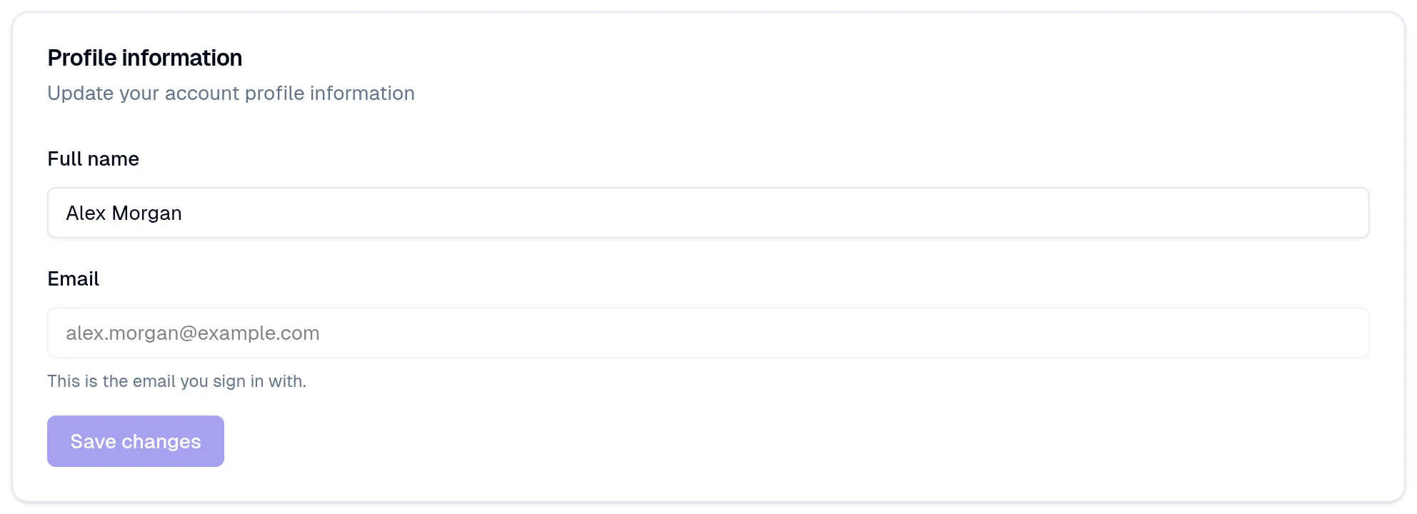Profile information with Full name, Email and Save changes