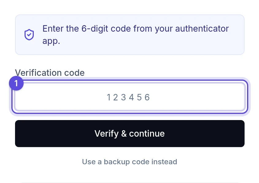 Sign-in asking for the 6-digit verification code, with Use a backup code instead