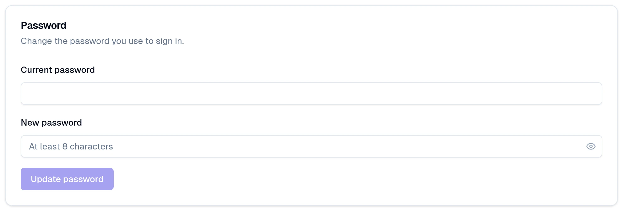 Password section with Current password, New password and Update password