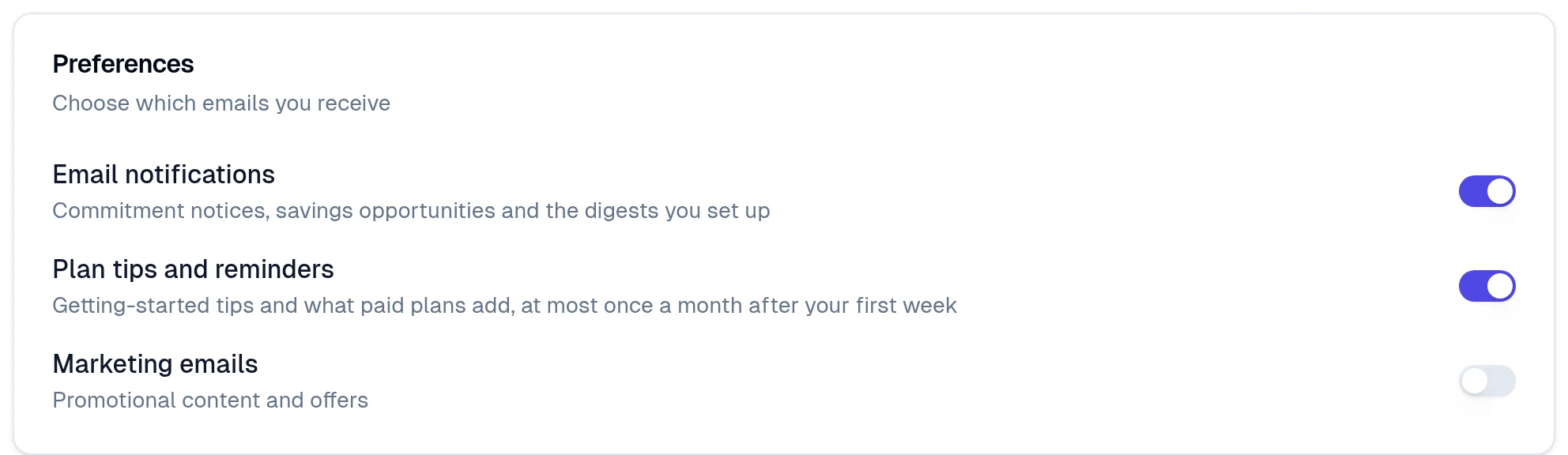 Preferences with switches for Email notifications, Plan tips and reminders, and Marketing emails