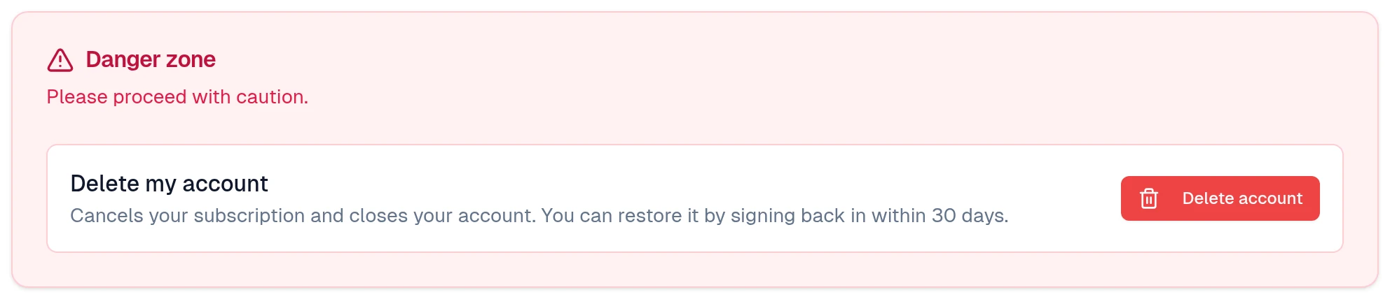 Danger zone with Delete my account and the Delete account button