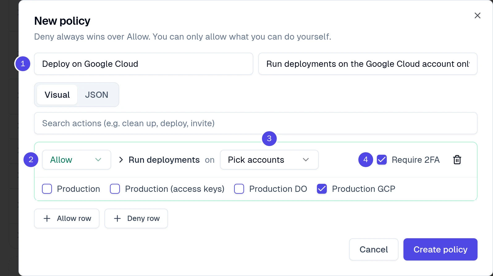 New policy: Deploy on Google Cloud, Allow Run deployments on Production GCP only, Require 2FA ticked