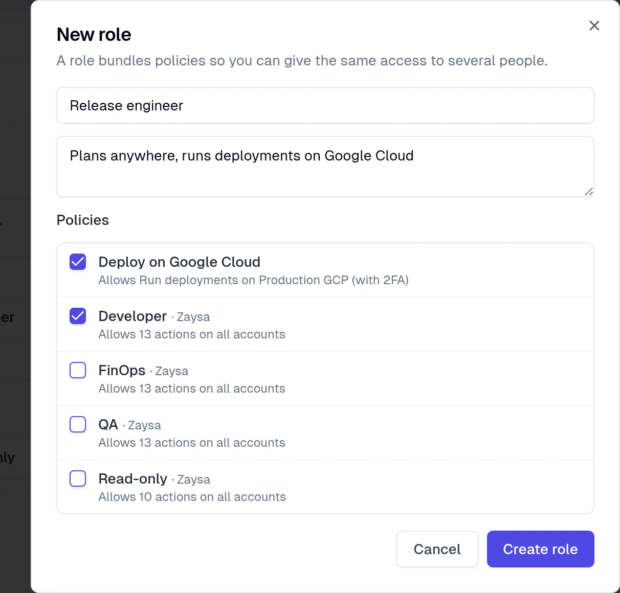 New role Release engineer with the policies Deploy on Google Cloud and Developer ticked