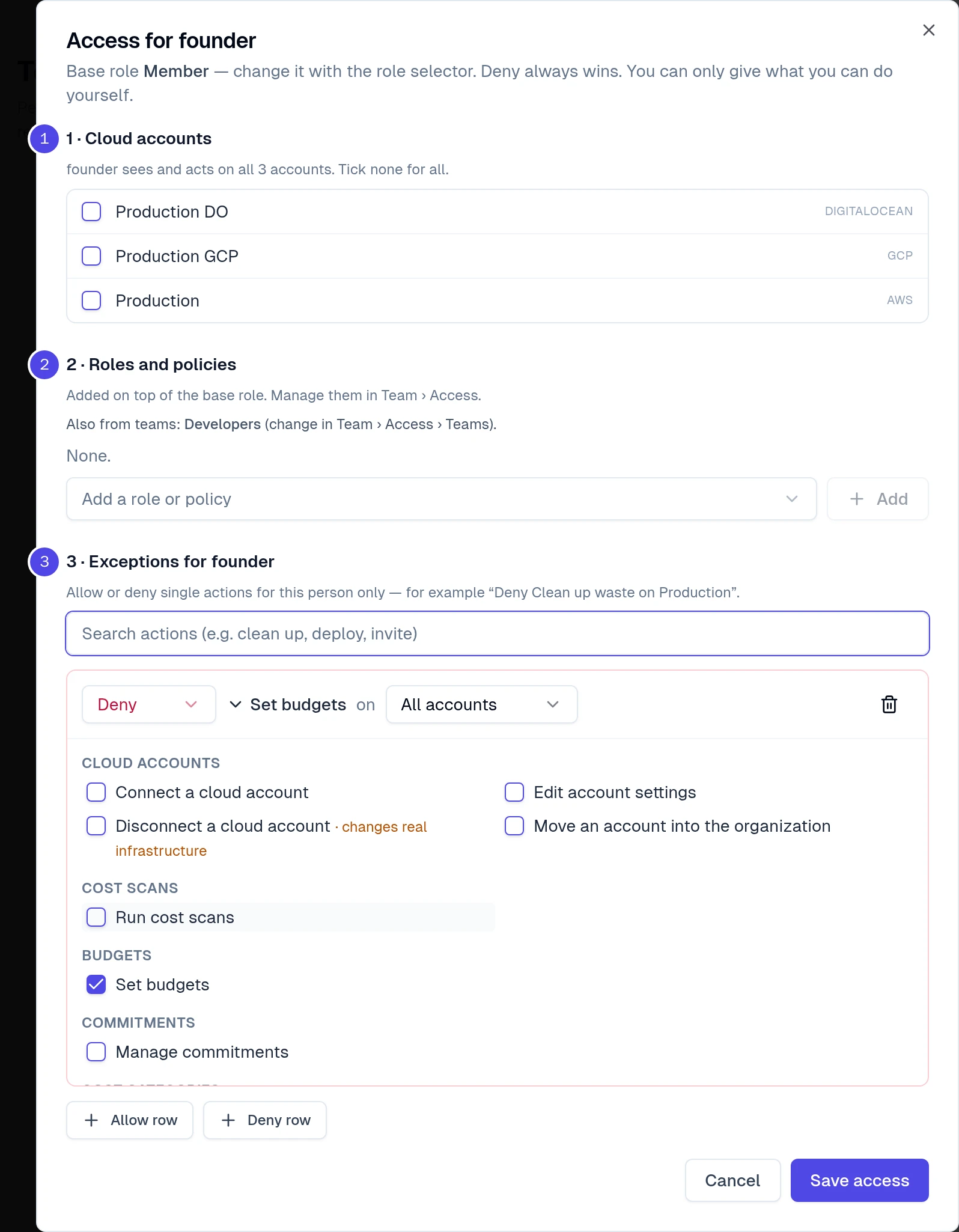 Access for a Member: cloud accounts, roles and policies with Also from teams Developers, and an exception Deny Set budgets on all accounts