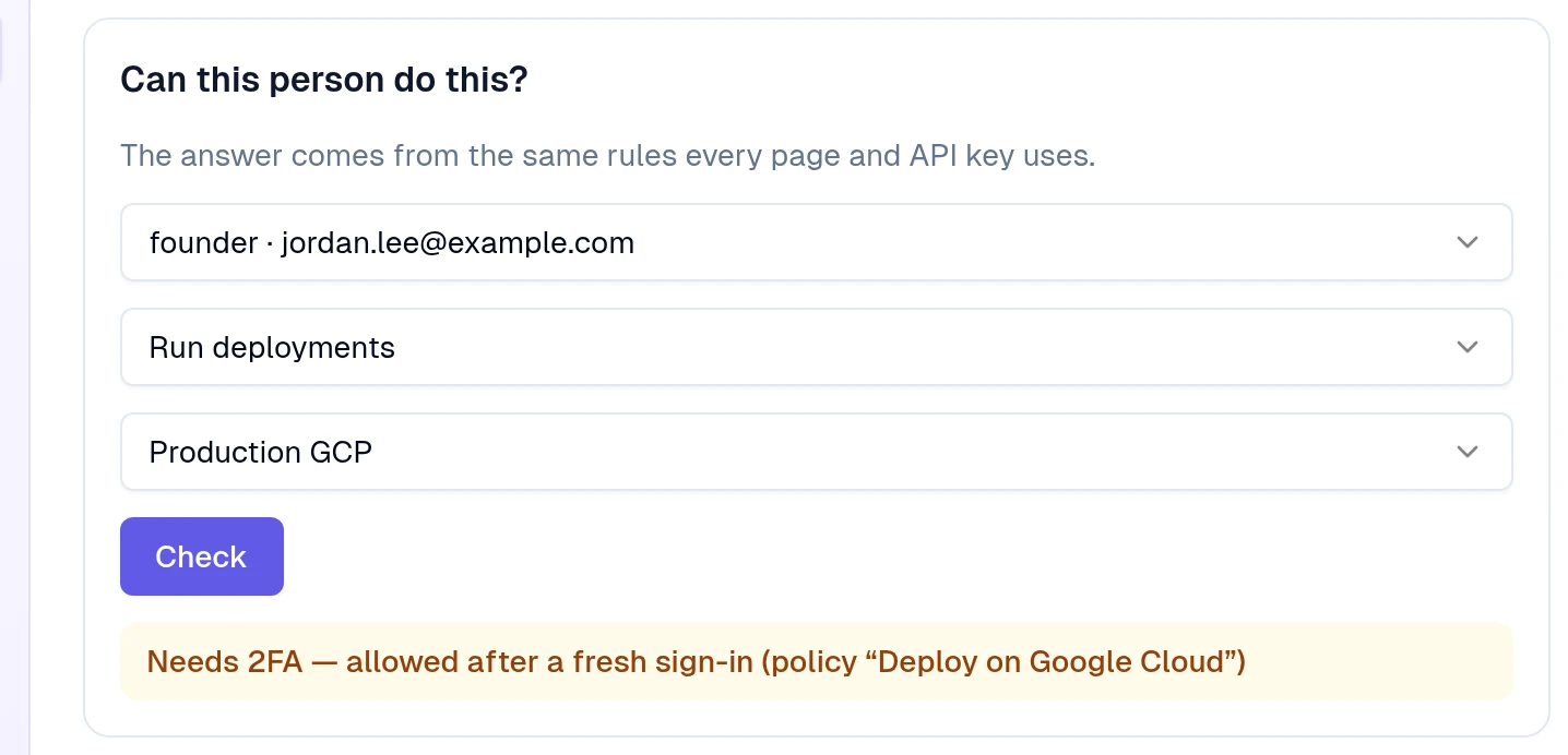 Simulator: Run deployments on Production GCP for the Member says Needs 2FA, allowed after a fresh sign-in, policy Deploy on Google Cloud