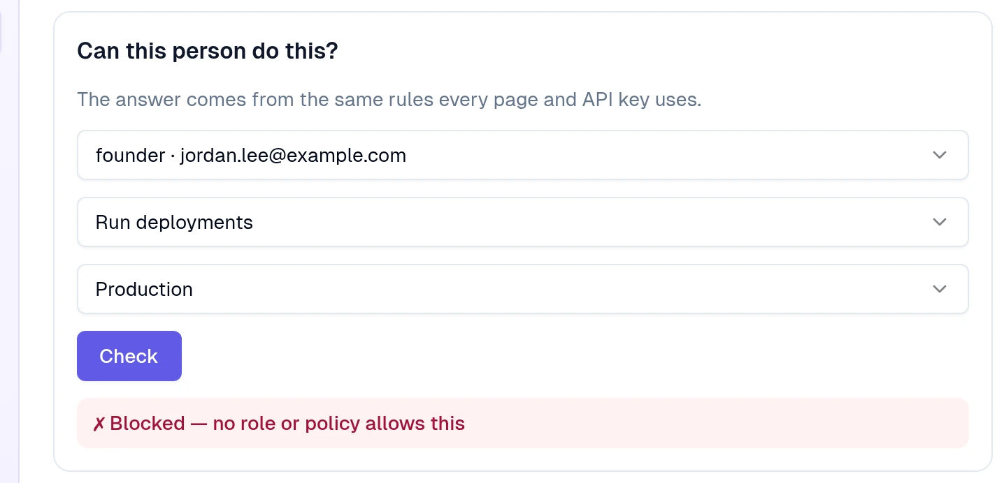 Simulator: Run deployments on Production for the same Member says Blocked, no role or policy allows this