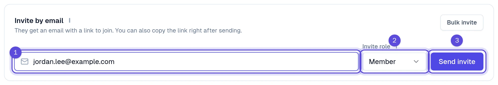 Invite by email with an address, the Member role and Send invite