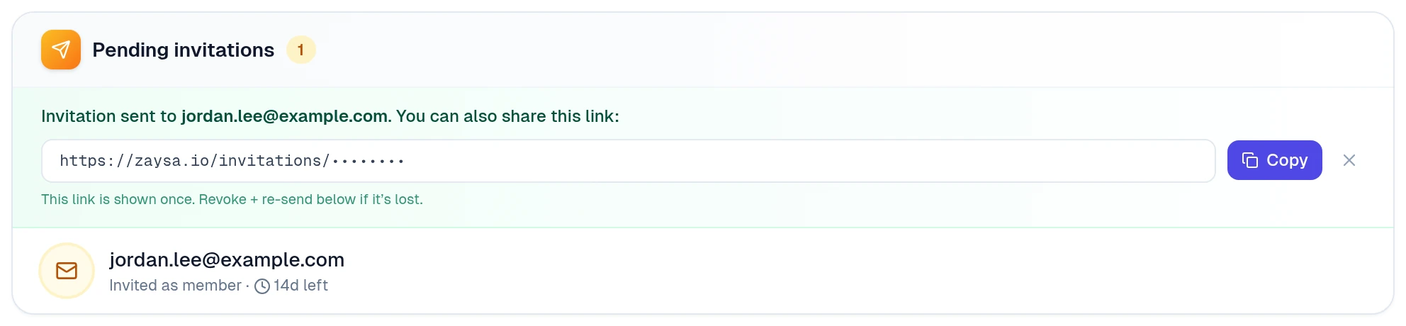 Pending invitations: Invitation sent, the link with a Copy button, 14d left