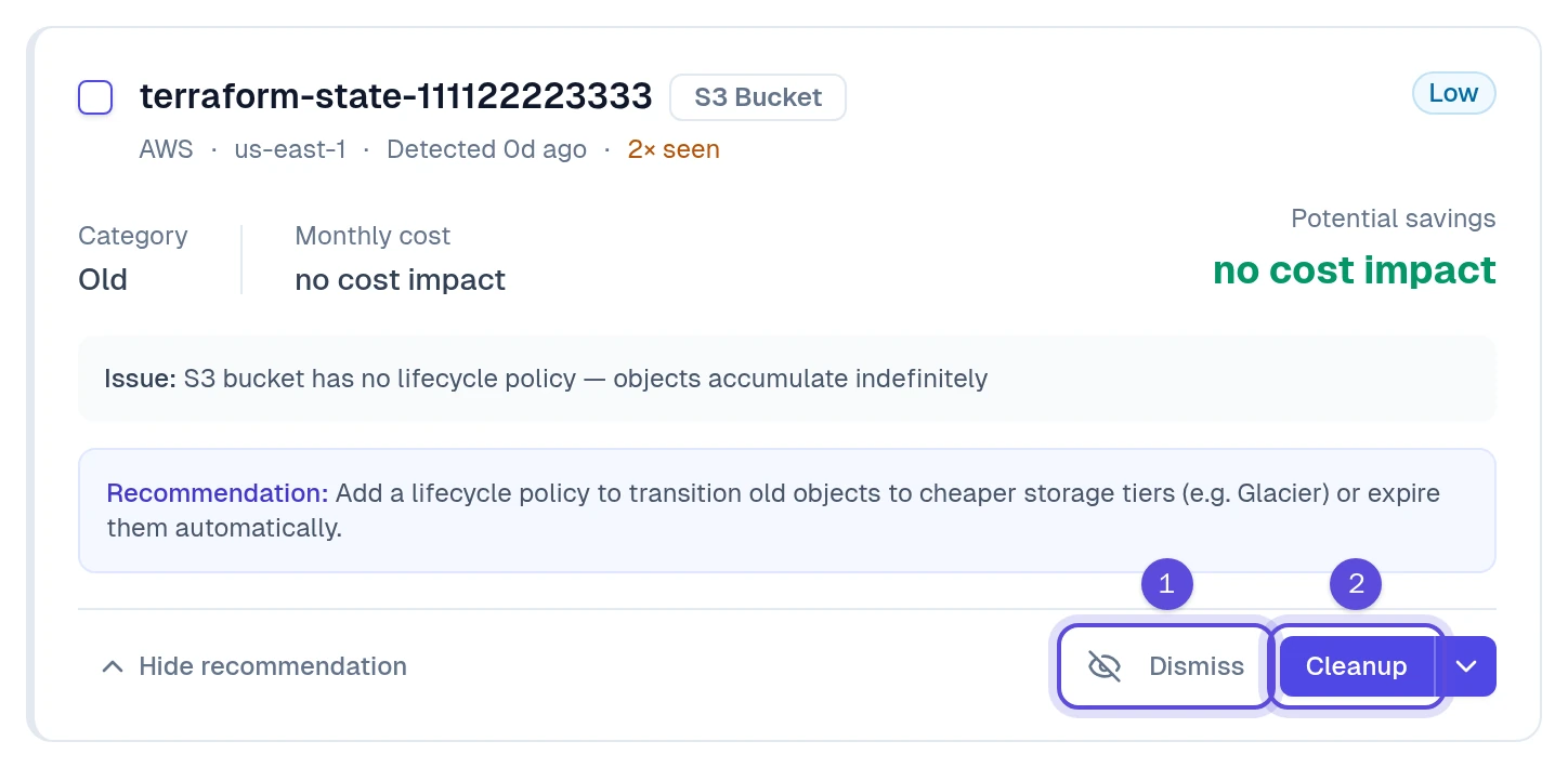 Waste item with its recommendation, Dismiss marked 1 and Cleanup marked 2